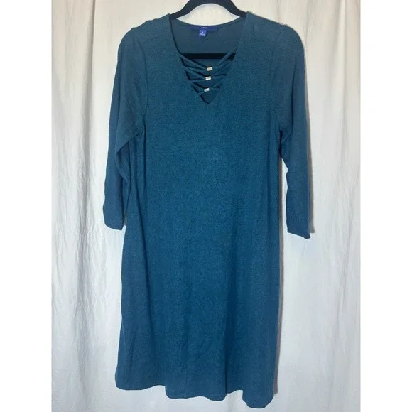 Apt 9 Dark Teal V Neck Stretch 3/4 Sleeve Dress Women Pockets Sz M Z14 - Picture 1 of 4